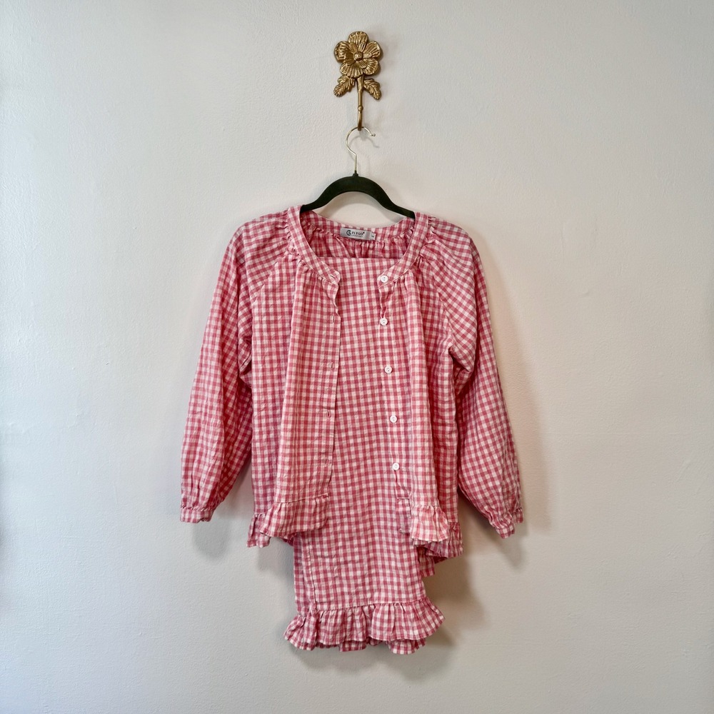 Pink Gingham Ruffle Trim Pajama Set 100% Cotton S Loungewear PJs Lounge Set Cozy